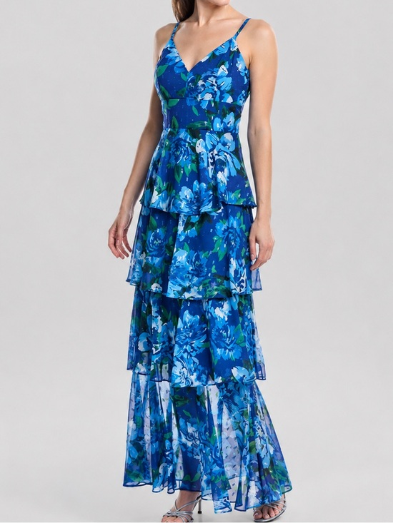 Eliza J Dresses & Skirts - 🆕🫐🌿Eliza J Blue Floral Tiered Maxi Dress Size 12 Chiffon Evening Wedding Guest